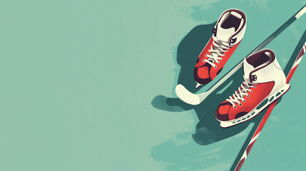 Illustration of skates and stick on green background with copy space