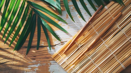 Oriental style background with a nature mat with wooden chopsticks and palm leaf on a wooden board Eco friendly Mock up for display or montage of  dishes or food Flat lay : Generative AI