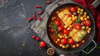 Cod stew with chickpeas cherry tomatoes and olives in cooking pan over dark stone background Top...