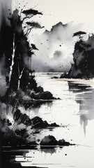 Monochrome Water and Trees Painting