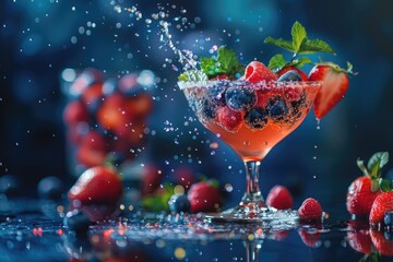 Refreshing Summer Berries Splashing in Water Glass Against Dark Background