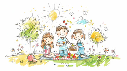 Obraz na płótnie Canvas Vibrant illustration of a family having a fun picnic together, captured in a playful doodle style on a blank canvas.