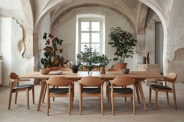Fototapeta na wymiar Minimalist scandinavian dining room white walls, wooden furniture, modern chairs, and plants