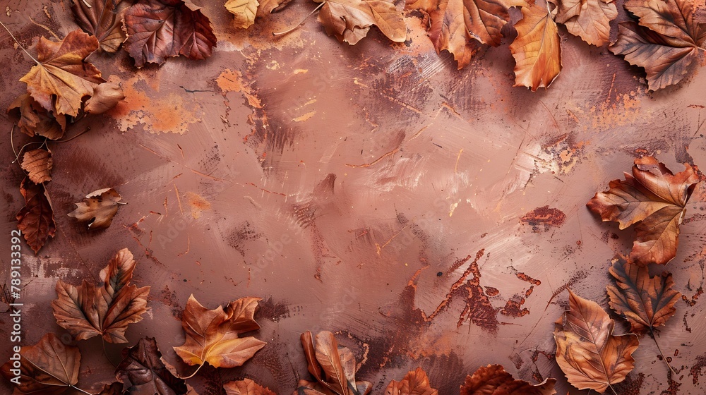 Poster frame border from dry fallen leaves on the modern bieg terracotta stone background thanksgiving autu