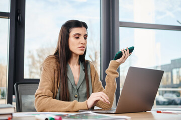 A woman seated at a desk, engrossed in her work, using a laptop computer in a corporate office...