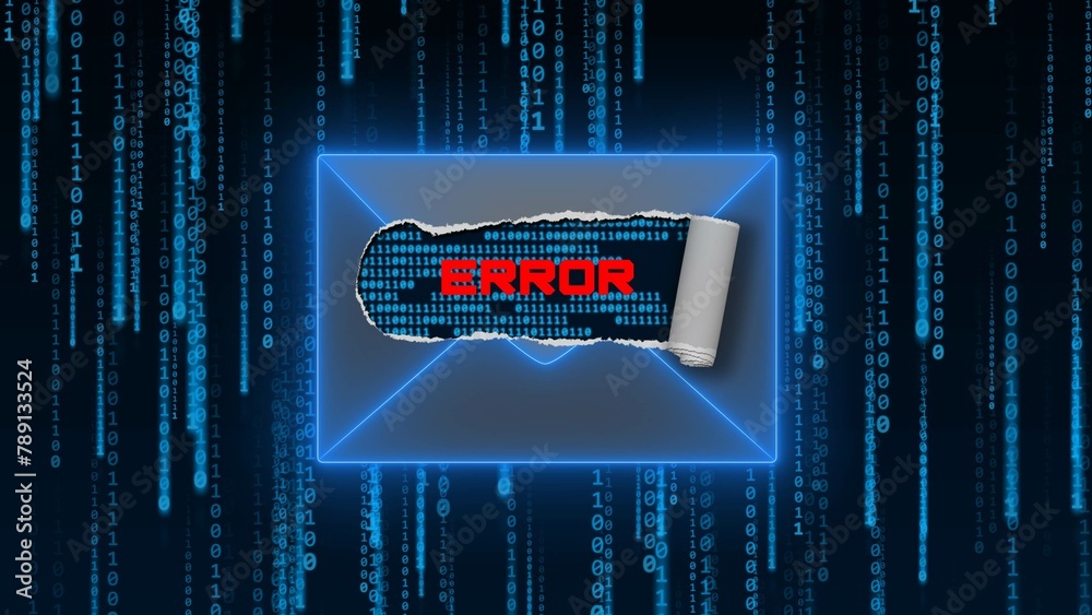 Poster HACKED lettering in ripped cutout of symbolic email envelope over background with random hanging rows of binary code - web security concept - 3D Illustration