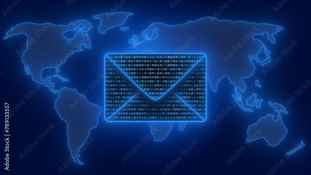 Poster symbolic email envelope with random chinese letters on world map background - web security concept -