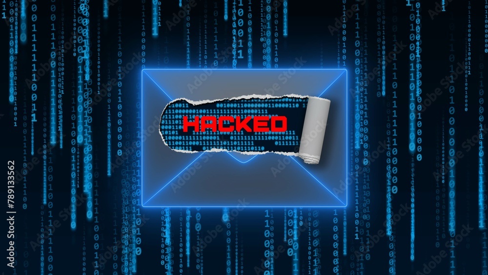 Poster HACKED lettering in ripped cutout of symbolic email envelope over background with random hanging rows of binary code - web security concept - 3D Illustration