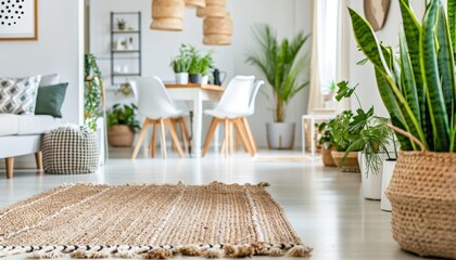 Scandinavian dining room, minimalist design, white walls, wooden furniture, plants, modern chairs