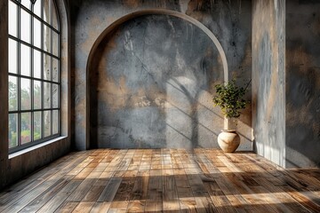 A room with vintage charm features a wooden floor and an arched doorway Sunlight streams through the window, enhancing the architectural details - obrazy, fototapety, plakaty