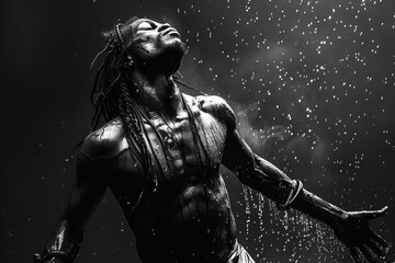 African man with long hair, dancing in the rain, wet skin, black and white photography, dark background, hyper realistic, cinematic light, epic scene, high contrast