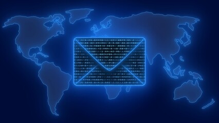 Symbolic email envelope with random chinese letters on world map background - web security concept - 3D Illustration
