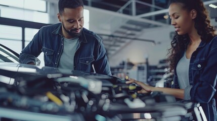 Automotive technician in a modern, minimalist garage, examining an electric car's engine with focused attention, explaining the diagnostics to a relaxed. - obrazy, fototapety, plakaty