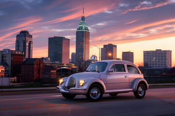 Silver PT Cruiser proudly displayed against urban skyline in the twilight