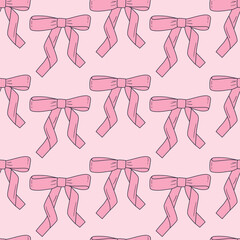 Seamless vector pattern with cute coquette bows. Balletcore background with pink ribbons. Hand drawn silk tape accessory. Girly texture for wallpaper, wrapping paper, textile design 