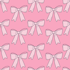 Seamless vector pattern with cute coquette bows. Balletcore background with pink ribbons. Hand drawn silk tape accessory. Girly texture for wallpaper, wrapping paper, textile design 