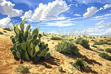 : A detailed brush painting of a desert scene with sand dunes and cacti