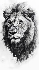 Majestic Black and White Sketch of a Lion With Intense Gaze and Detailed Mane