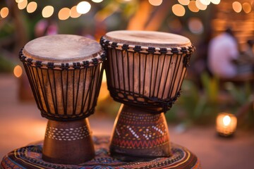 Three traditional African drums placed on an embroidered cloth, with a blurred background of a cultural event and bokeh lights, with people dancing in the distance. The drum heads have intricate