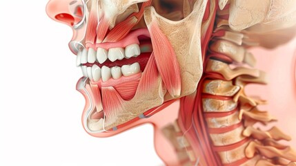 Close-up of a clenched jaw and tightened neck muscles indicating severe toothache, against a plain white background, styled as a high-definition medical illustration.