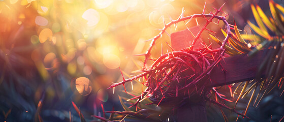 Lent Crown Of Thorns and Cross With Palm Leaves  - obrazy, fototapety, plakaty