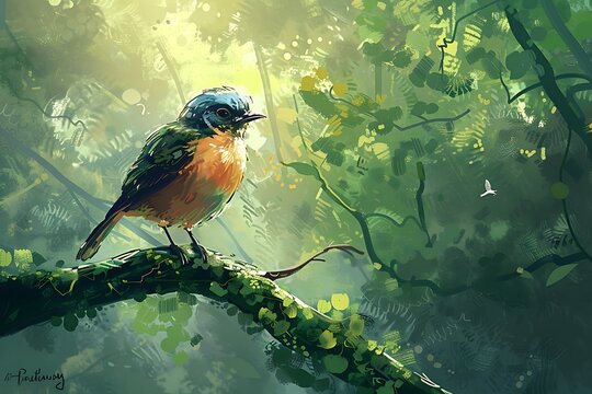 : A detailed brush painting of a bird perched on a branch in a forest