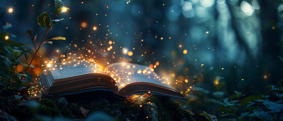 Magic Book With Open Pages And Abstract Lights Shining