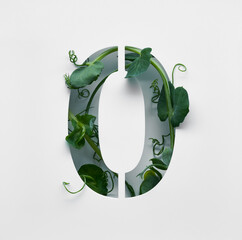 The number zero is made from young pea shoots on a white background.