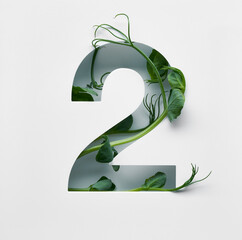 The number two is made from young pea shoots on a white background.