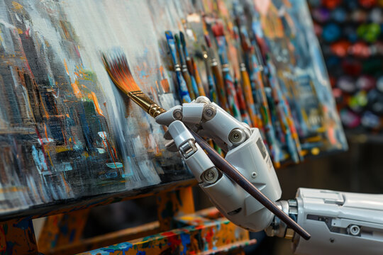 Robot hand painting, artificial intelligence and machine learning concept. AI