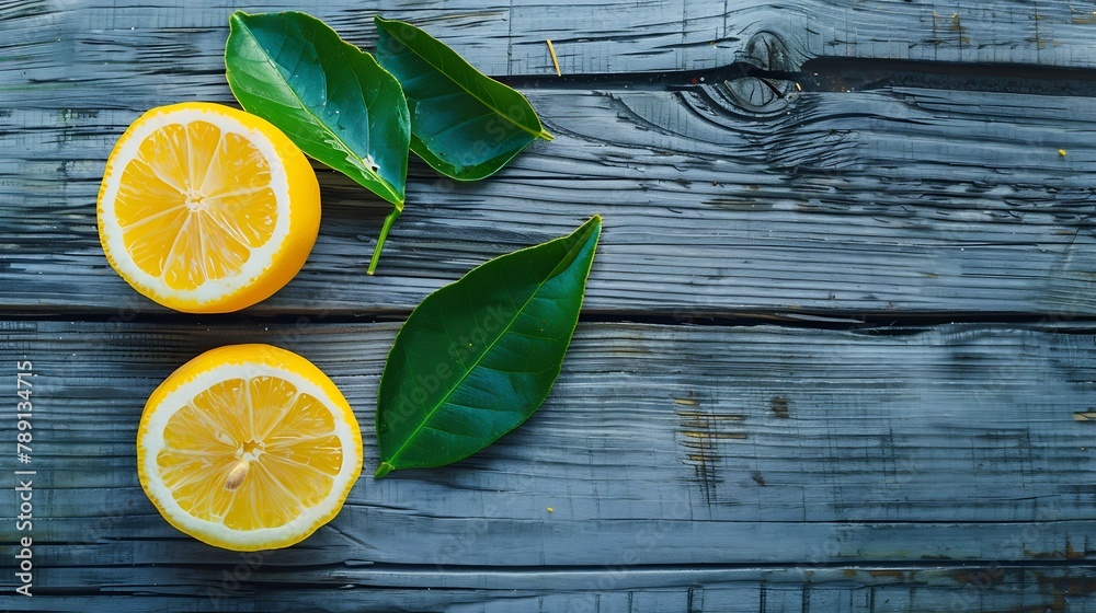 Poster Whole and half sliced lemon with green leaf isolated on grey wooden table background Top view Flat lay : Generative AI