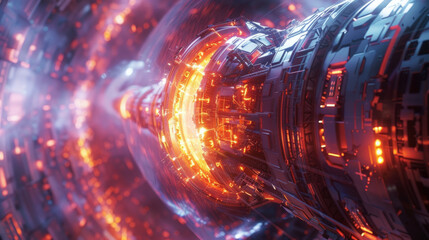 Cutting-edge fusion energy plant with glowing reactors and high-tech machinery harnessing plasma.