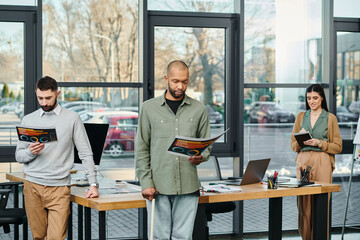 A diverse group of professionals engaged in a lively discussion at a table in a modern office.