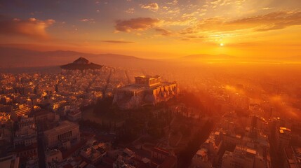 Aerial view of Athens, historic ruins and modern city, dawn - obrazy, fototapety, plakaty