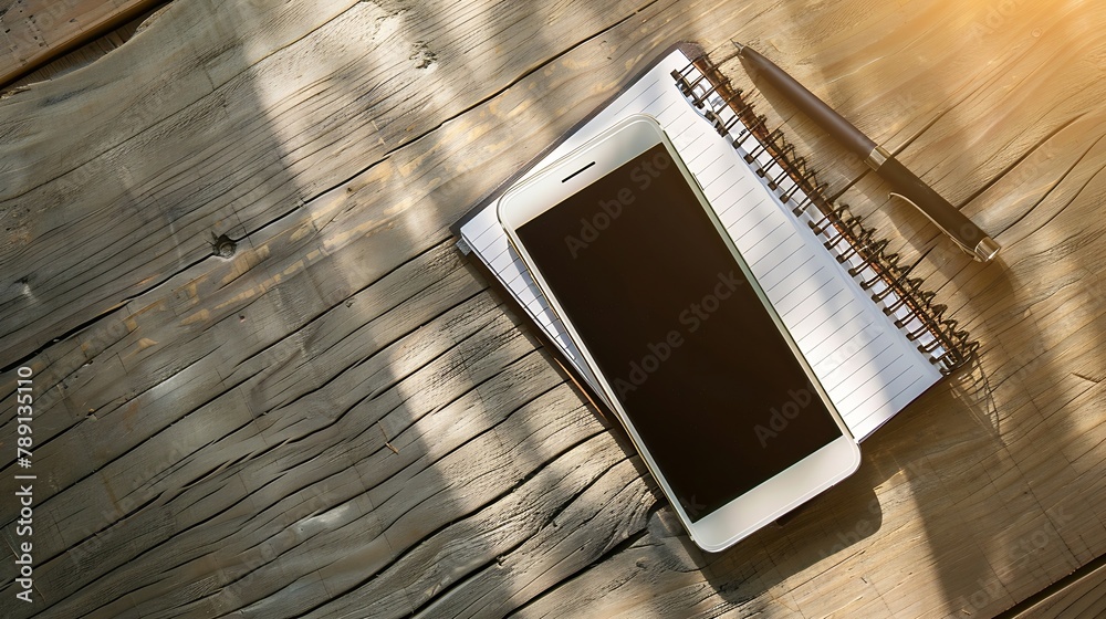 Poster Blank notepad on with smart phone on desktop viewflat lay : Generative AI