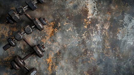 Fitness or bodybuilding concept background Product photograph of old iron dumbbells on grey conrete floor in the gym Photograph taken from above top view with lots of copy space : Generative AI - obrazy, fototapety, plakaty