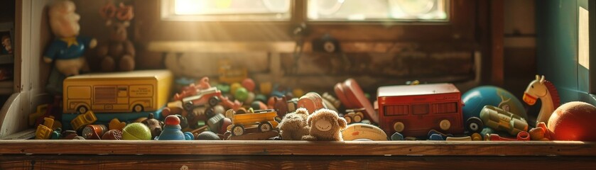 Vintage toy box overflowing, warm sunlight, eye-level, nostalgic feel, 