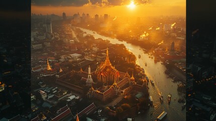 Aerial view of Bangkok, bustling city life and historic temples