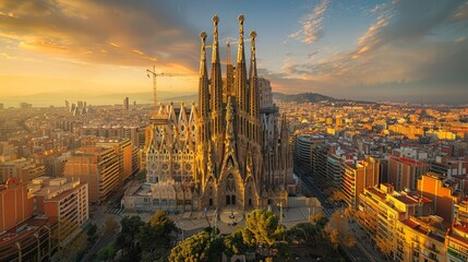Aerial view of Barcelona with Sagrada Familia, urban tapestry - obrazy, fototapety, plakaty