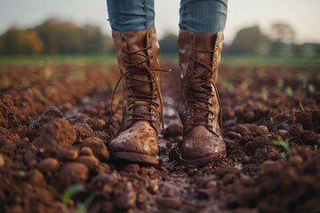 Close-up of dirty leather boots in a plowed field, capturing the essence of rural life and outdoor labour