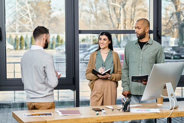 A diverse group of professionals discussing a project around a conference table in a modern office setting.