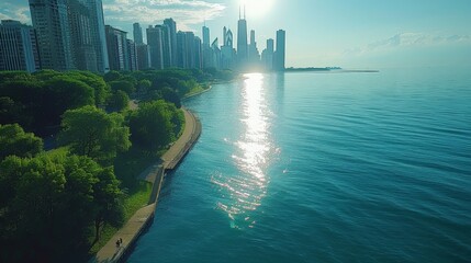 Aerial view of Chicago with Lake Michigan, urban and natural blend