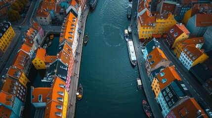 Aerial view of Copenhagen, bicycles and canals, vibrant life