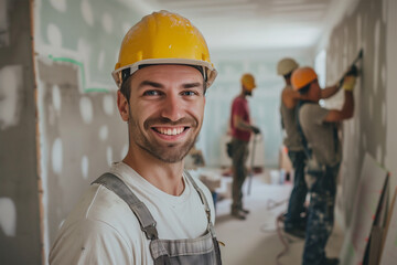 A happy male construction worker wearing overalls and helmet standing in the middle of an unfinished house, with other workers painting walls behind him.