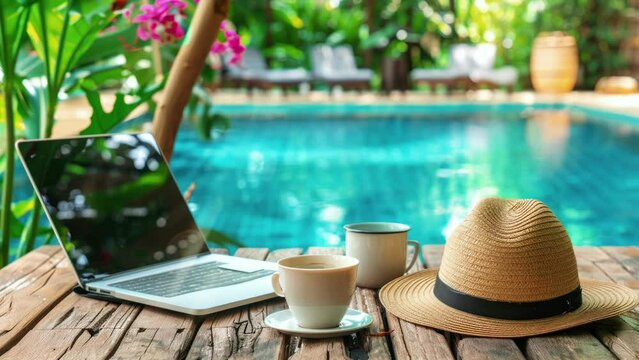 Poolside Arrangement: Laptop, Hat, and Coffee - Sunny Day Retreat
