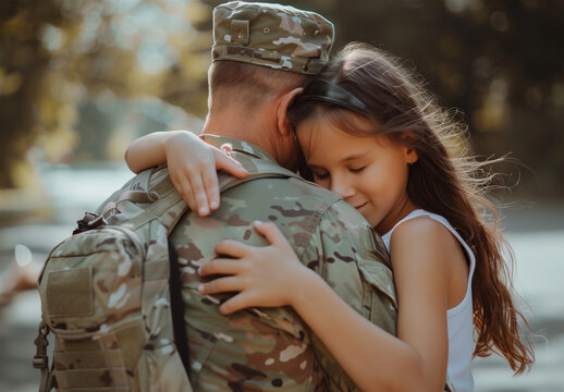 A heartwarming photo of an American soldier in uniform, embracing his daughter with joy and love as they warmly embrace after being together for the first time in years during Summer vacation 