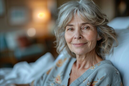 A poised elderly woman sits in repose, relaxation evident in the serene home setting, face blurred