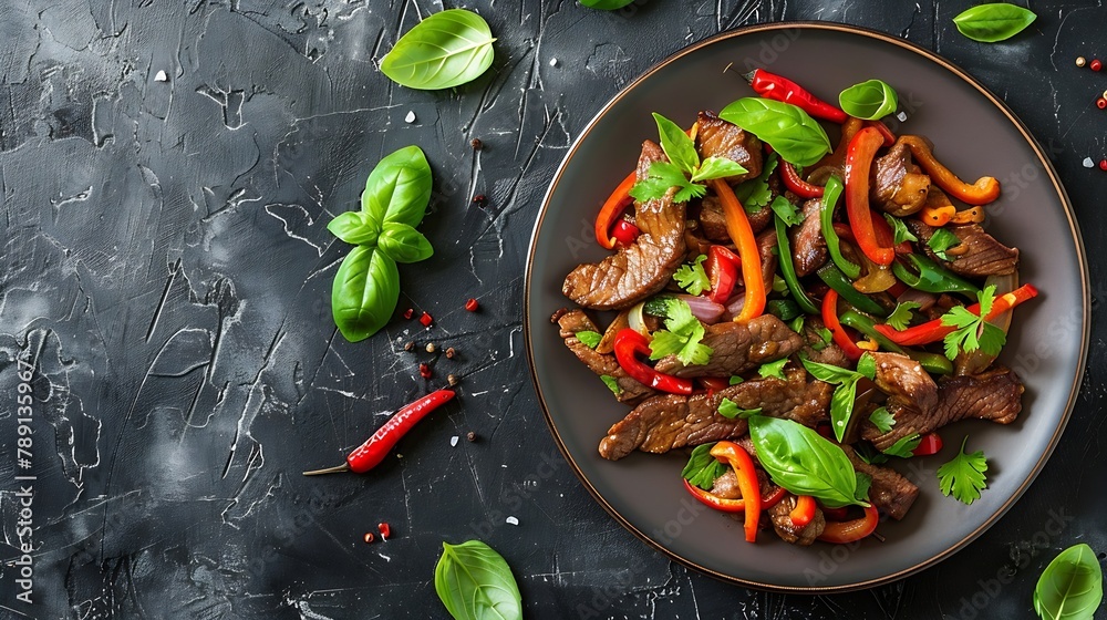 Poster Thai beef stirfry with pepper and basil on plate on a dark stone background with copy space Top view flat lay : Generative AI