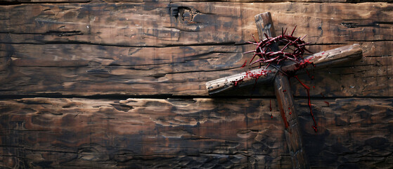 Passion Of Jesus Wooden Cross With Crown Of Thorns  - obrazy, fototapety, plakaty