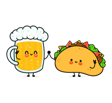Cute, funny happy glass of beer and taco. Vector hand drawn cartoon kawaii characters, illustration icon. Funny cartoon glass of beer and taco mascot friends concept